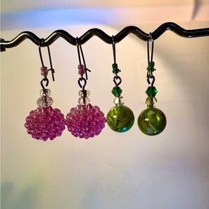 Earring Handcrafted Bundle 2 for 1 Price Pierced Green/Tan Glass & Pink Disco